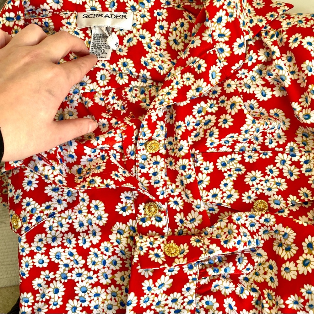 Vintage 90s S/M Daisy Print Secretary Dress Red July 4th - Picture 7 of 8